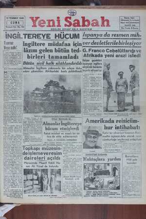 Yeni Sabah Gazetesi 19 Temmuz 1940 kapağı