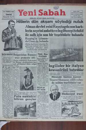 Yeni Sabah Gazetesi 20 Temmuz 1940 kapağı