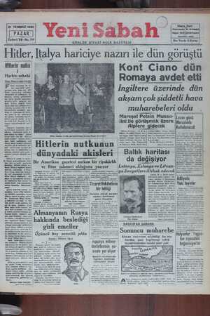    21 TEMMUZ 1940 PAZAR |. Üçüncü Yıl - No. 798 Yeni Sabah GÜNLÜK SİYASİ HALK GAZETESİ Narüosmaniye No, 84 İstanbol Telgraf:
