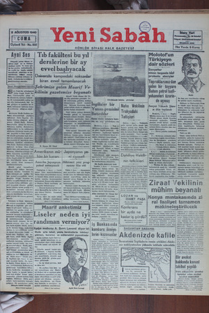 Yeni Sabah Gazetesi 2 Ağustos 1940 kapağı