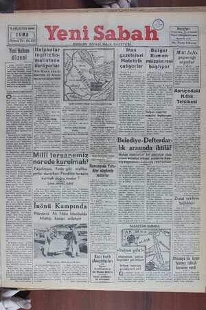 Yeni Sabah Gazetesi 9 Ağustos 1940 kapağı