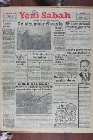 Yeni Sabah Gazetesi 11 Ağustos 1940 kapağı