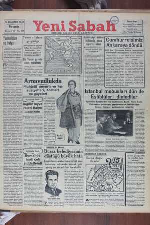 Yeni Sabah Gazetesi 15 Ağustos 1940 kapağı