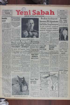Yeni Sabah Gazetesi 17 Ağustos 1940 kapağı