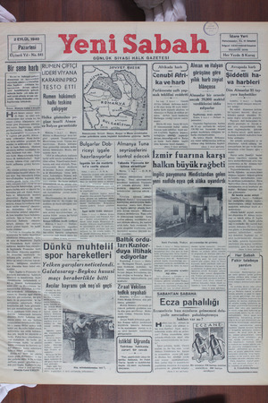 Yeni Sabah Gazetesi 2 Eylül 1940 kapağı