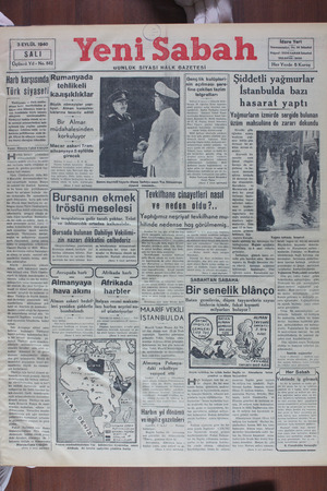Yeni Sabah Gazetesi 3 Eylül 1940 kapağı