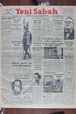 Yeni Sabah Gazetesi 6 Eylül 1940 kapağı