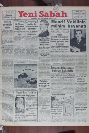 Yeni Sabah Gazetesi 7 Eylül 1940 kapağı