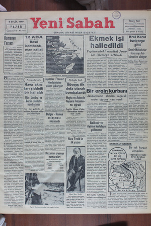 Yeni Sabah Gazetesi 8 Eylül 1940 kapağı