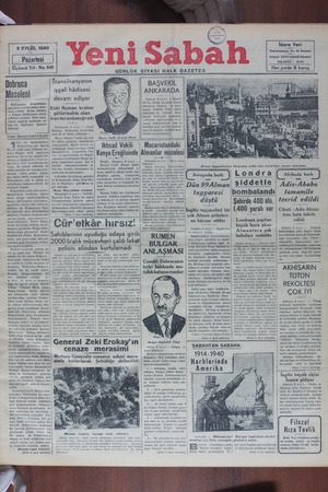 Yeni Sabah Gazetesi 9 Eylül 1940 kapağı