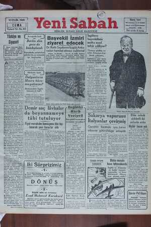 Yeni Sabah Gazetesi 13 Eylül 1940 kapağı