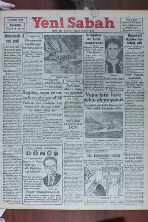 Yeni Sabah Gazetesi 14 Eylül 1940 kapağı
