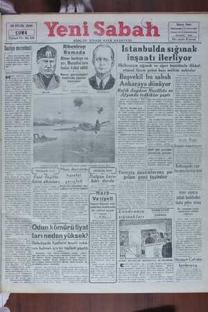 Yeni Sabah Gazetesi 20 Eylül 1940 kapağı
