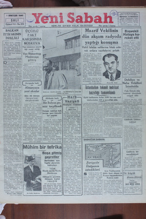 Yeni Sabah Gazetesi 1 Ekim 1940 kapağı
