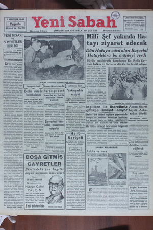 Yeni Sabah Gazetesi 3 Ekim 1940 kapağı