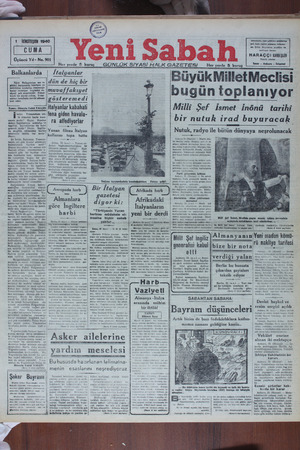 Yeni Sabah Gazetesi 1 Kasım 1940 kapağı