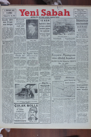 Yeni Sabah Gazetesi 8 Kasım 1940 kapağı