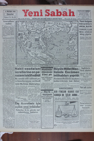 Yeni Sabah Gazetesi 9 Kasım 1940 kapağı