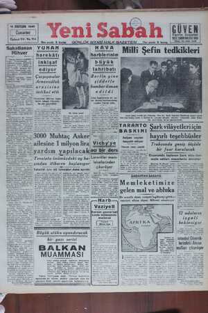 Yeni Sabah Gazetesi 16 Kasım 1940 kapağı