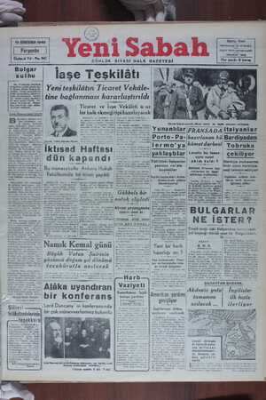 Yeni Sabah Gazetesi 19 Aralık 1940 kapağı