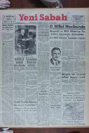    24 BİRİNSİKÂNUN 1940 D , Üçüncü Yıl - No. 952 Yeni Sabah GÜNLÜK SİYASI HALK GAZETESI BALKAN meselelerinde bir Türk tezi di
