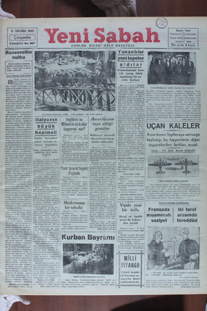 Yeni Sabah Gazetesi 8 Ocak 1941 kapağı
