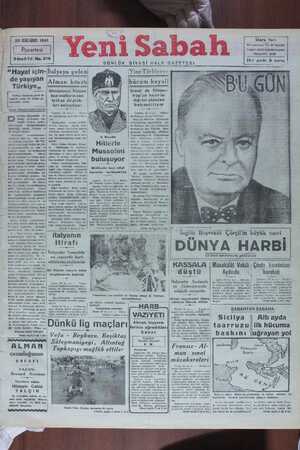 Yeni Sabah Gazetesi 20 Ocak 1941 kapağı