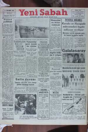 Yeni Sabah Gazetesi 21 Ocak 1941 kapağı