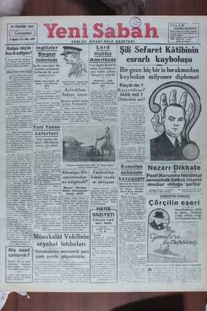 Yeni Sabah Gazetesi January 25, 1941 kapağı