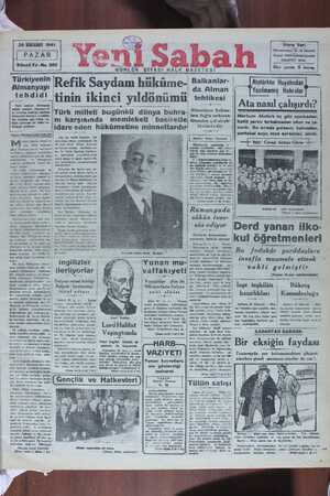 Yeni Sabah Gazetesi January 26, 1941 kapağı