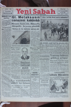 Yeni Sabah Gazetesi February 1, 1941 kapağı