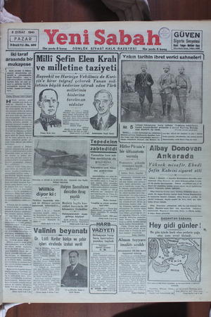 Yeni Sabah Gazetesi February 2, 1941 kapağı