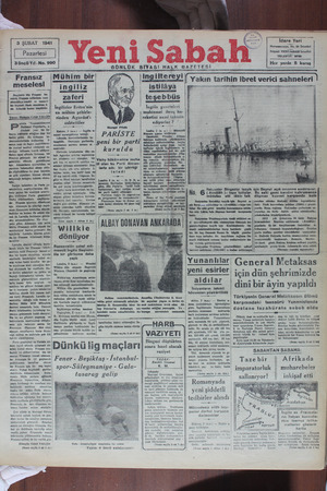Yeni Sabah Gazetesi February 3, 1941 kapağı