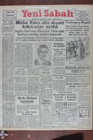 Yeni Sabah Gazetesi March 1, 1941 kapağı
