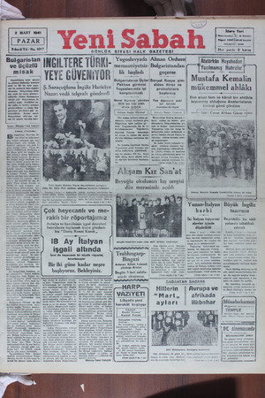 Yeni Sabah Gazetesi March 2, 1941 kapağı