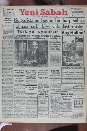 Yeni Sabah Gazetesi March 4, 1941 kapağı