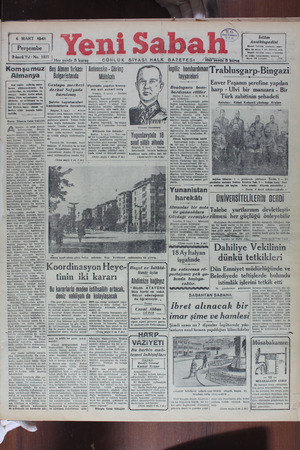 Yeni Sabah Gazetesi March 6, 1941 kapağı