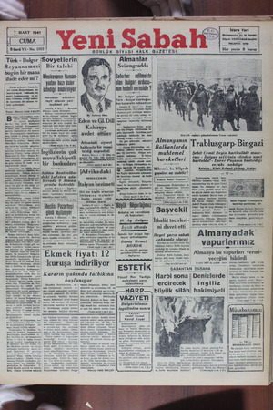 Yeni Sabah Gazetesi March 7, 1941 kapağı