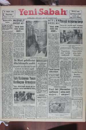 Yeni Sabah Gazetesi March 17, 1941 kapağı