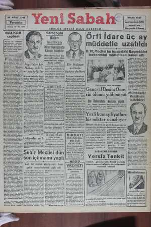 Yeni Sabah Gazetesi March 20, 1941 kapağı