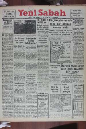 Yeni Sabah Gazetesi March 21, 1941 kapağı