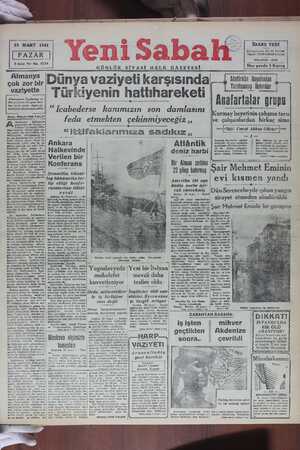 Yeni Sabah Gazetesi March 23, 1941 kapağı