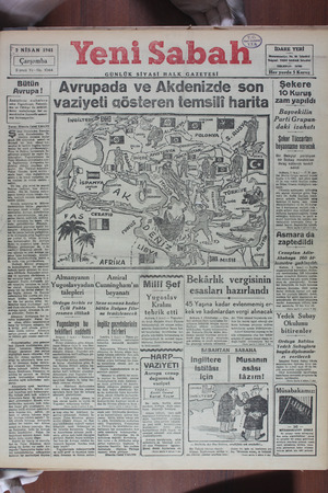    2 NİSAN 1941 : Çarşamba 3 üncü Yiıl - No. 1044 dİstiklâllerini muhaefara eden Yugoslavya, Yananı tan ve Türkiye bu...