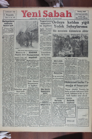 Yeni Sabah Gazetesi April 3, 1941 kapağı