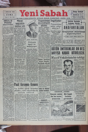 Yeni Sabah Gazetesi April 4, 1941 kapağı