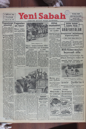 Yeni Sabah Gazetesi April 6, 1941 kapağı