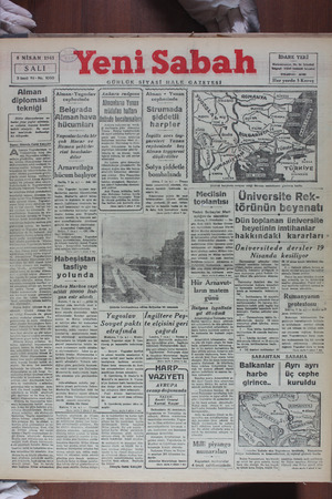 Yeni Sabah Gazetesi April 8, 1941 kapağı