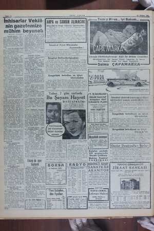    YENİ SABAH 10 Haziraz 1941 İnhisarlar Vekiii- nin gazetemize mühim beyanalı ARPA ve SAMAN ALINACAK Zonguldak'da Ereğli...