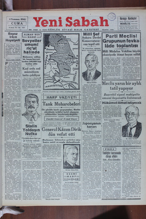    4 Temmuz 1941 İcUMA | 4 üncü Yıl - No. 1137 Yeni Sabah —— Beyaz Irkın | Haysiyeti Vichy Fransası Sariye- de ingilizlerle