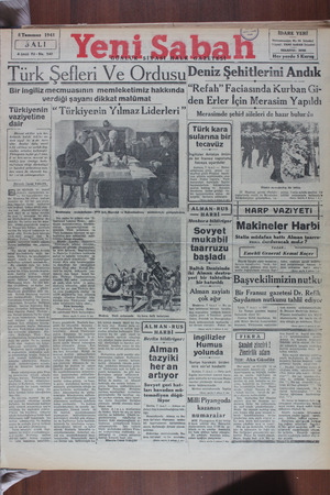    (SALI | 4 üncü Yıl - No. 1141 Türk 8Temmuz 1941 efleri Ve Ordusu İDARE YERİ Nuruosmaniye, No, 84 İstanbul Telgraf: YENİ...